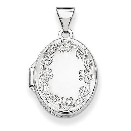 14k White Gold 17mm Oval Leaf Floral Hand Engraved Locket