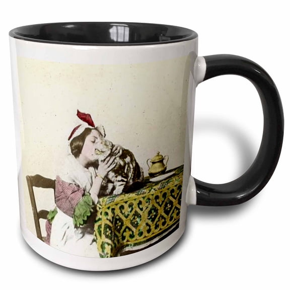 3drose, Little Girl Loving Her Cat During Tea Time., 15oz Two-tone Black Mug