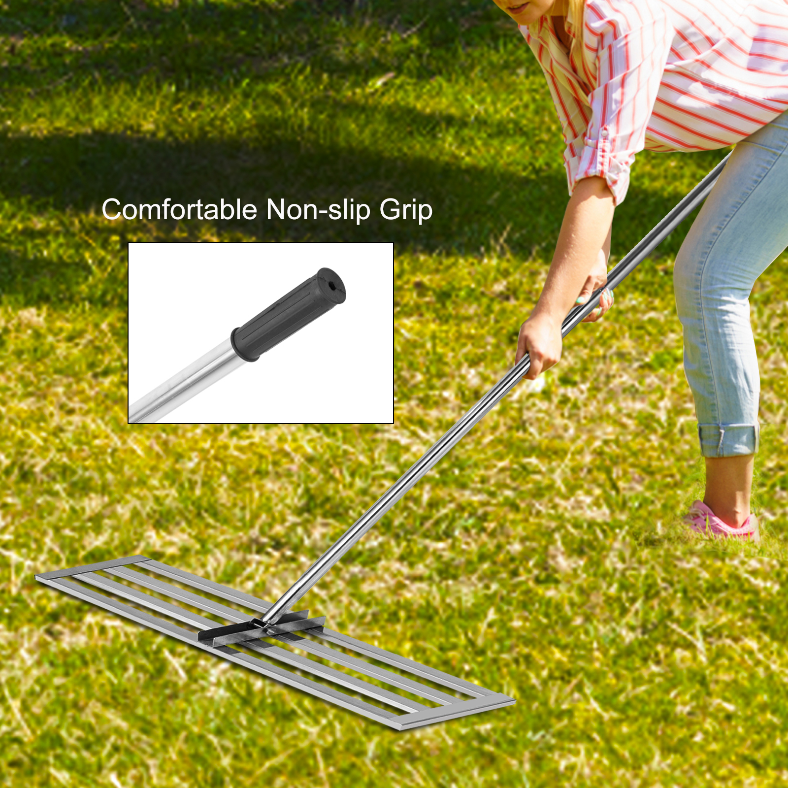 VEVOR Lawn Leveling Rake 17 x 10in Stainless Steel Lawn Leveler Tool with 77 in Handle Sand Gravel Leveler rake for Yard Garden Ground and Golf Lawn - image 5 of 8