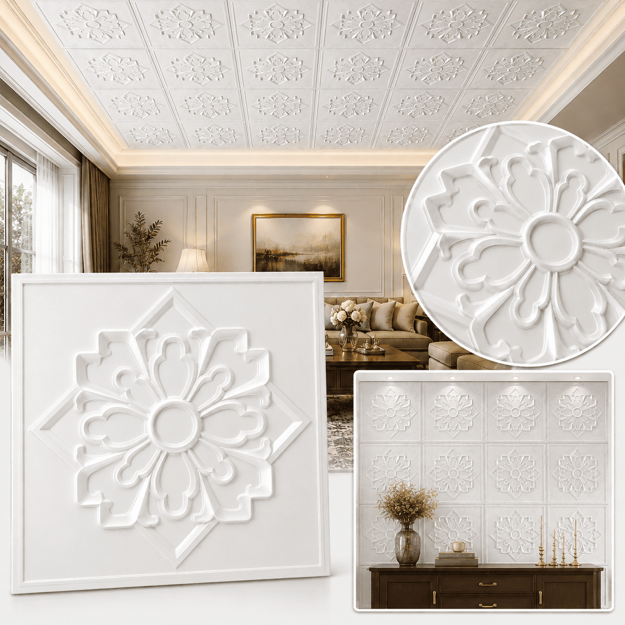 Yeslife 12-Pack 23.8" x 23.8" PVC Drop Ceiling Tiles, White Vintage 3D Embossed Decorative Panels, Waterproof Glue-Up Ceiling Tiles for Walls, Ceilings, Home and Office, 48 Sq.Ft
