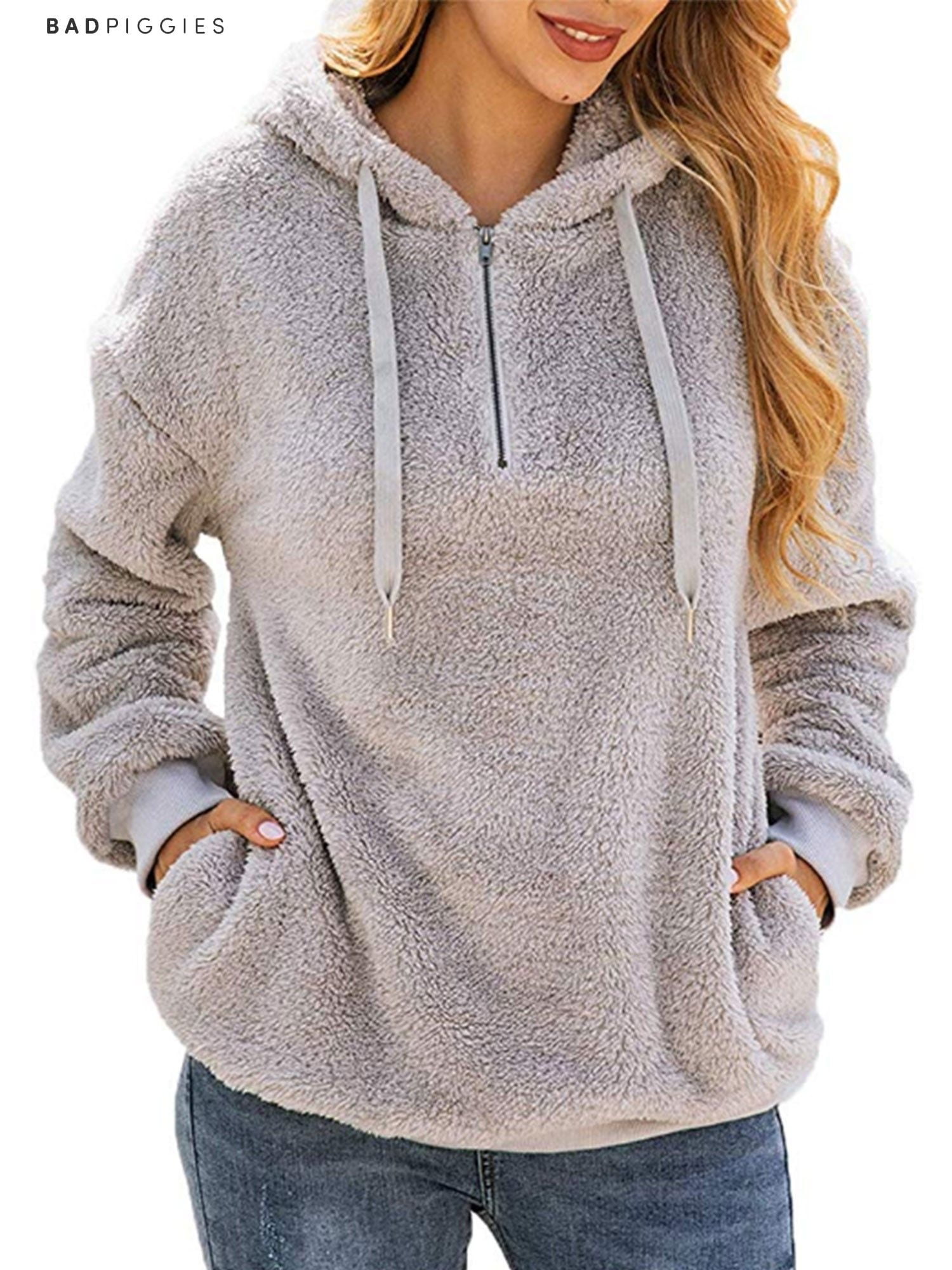 Bwiv Womens Baggy Fluffy Pullover Hoodie with 1/4 Zipper and Drawstring for Winter Ladies Long Sleeves Sweatshirt Soft Tops Teddy Fleece 