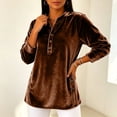 thumbnail image 4 of Hurxie Women's Fleece Shirt Solid Color Crew Neck Sweater, Loose Button Pullover Long-Sleeved Sweater Shirt Brown,XL, 4 of 5