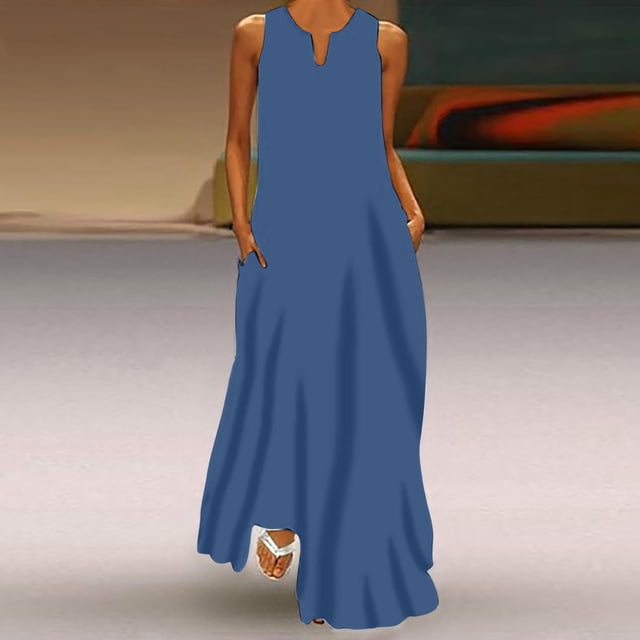 Robes d'Été Mode Femme Robe Longue Sans Manches Col en V avec Poches Robe Sans Manches Col en V Robes Grande Taille pour Femmes en Liquidation