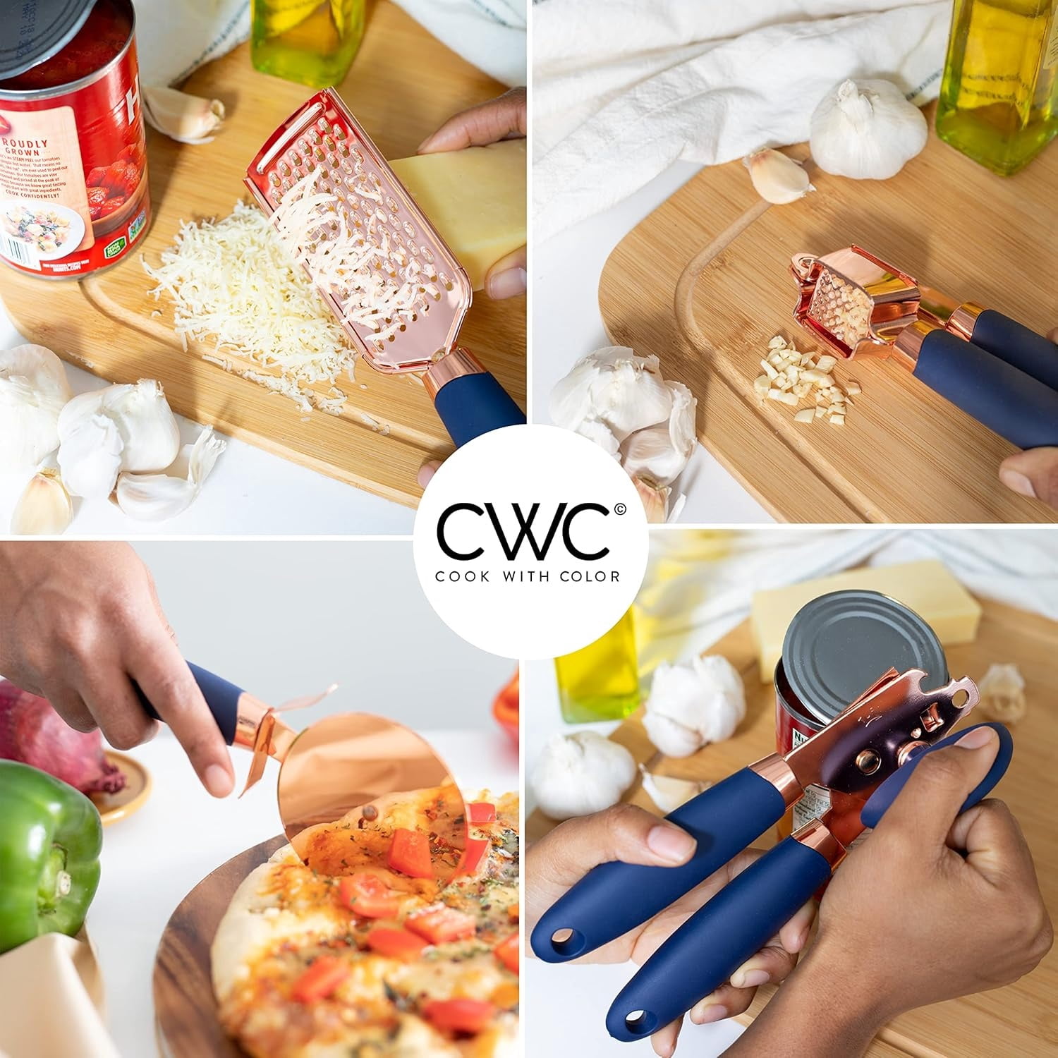 COOK WITH COLOR Kitchen Utensils Set, 7-Piece Stainless Steel Utensils with Soft Touch Handles, Copper Navy