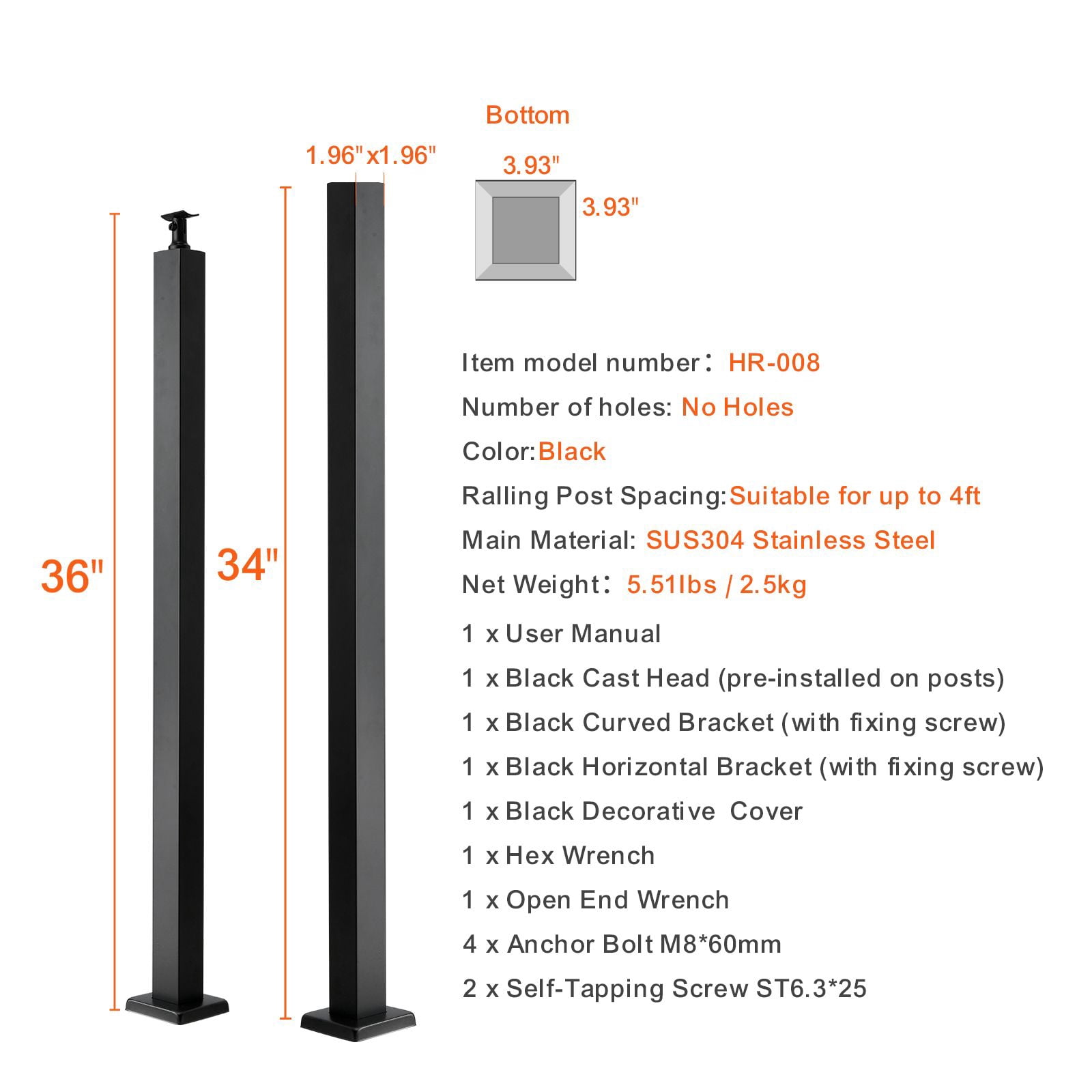 36" Holeless Cable Railing Post, SUS304 Stainless Steel, Weld-Free, Brackets & Connectors, for Deck Stairs Balcony Railing