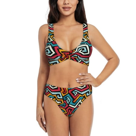 Zeuib Geometry High Waisted Tummy Control Bikini Set - Knot Front Push Up Top & Cheeky Thong Bottom  Two-Piece Swimsuit for Women-Small