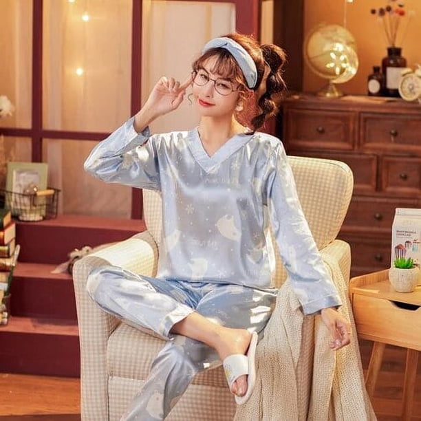 Pijamas de seda de manga larga para mujer, ropa de dormir suelta con estampado navideño, pantalones largos para el hogar, novedad de otoño, 2020