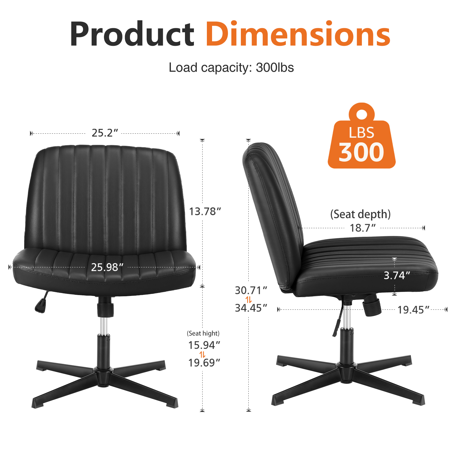 MCQ  Criss Cross Chair Legged Office Wide Comfy Desk Leather Seat, Armless Computer  Seating, Height Adjustable, for Family Bedroom, Black