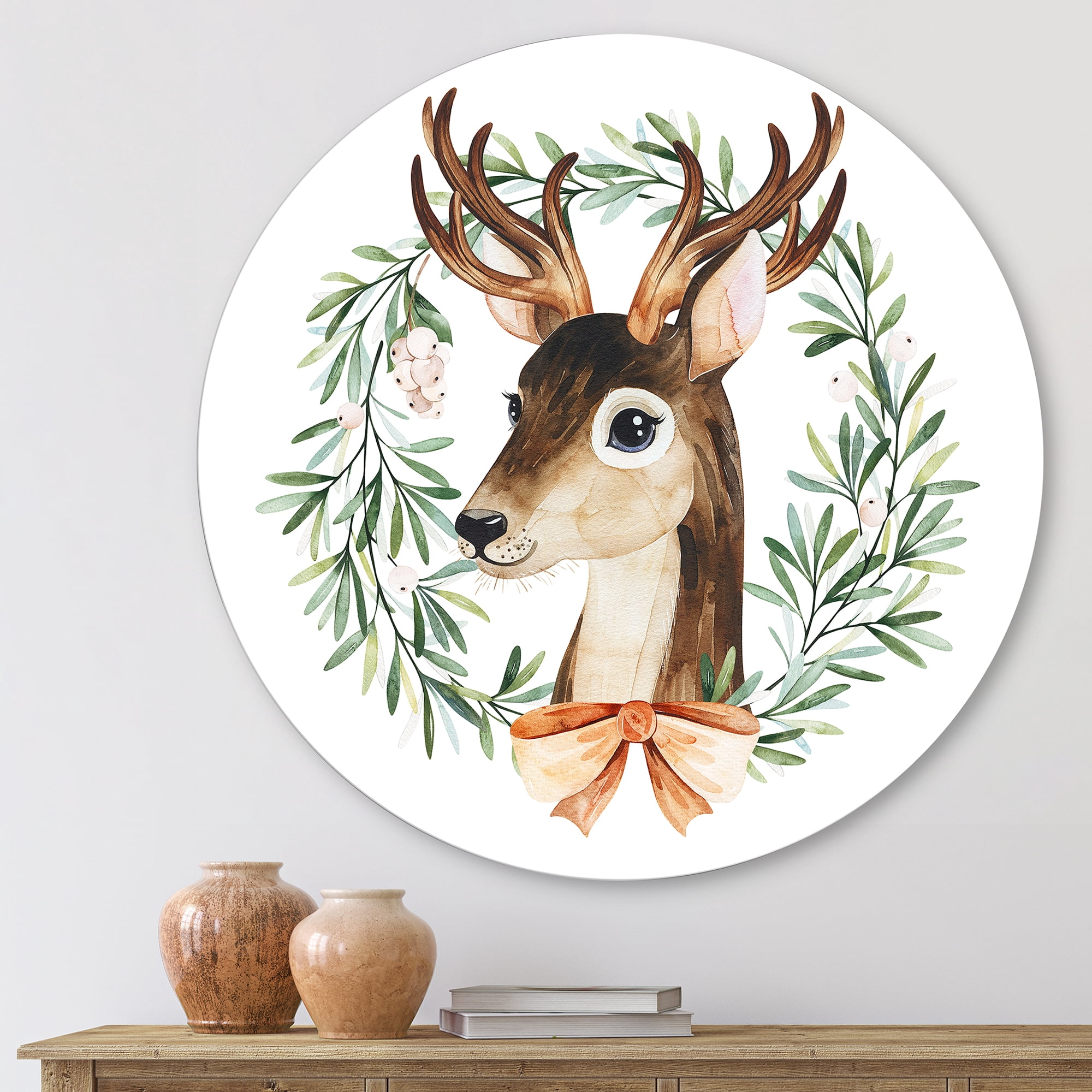 Designart 'Floral Wreath Isolated On White Over Deer' Farmhouse Circle Metal Wall Art 23x23 - Disc of 23