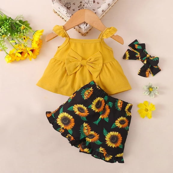 Pretxorve Kids Girls Outfit Set Summer Floral Print Cami Top with Shorts and Headband 3 Piece Outfits 0-3Y