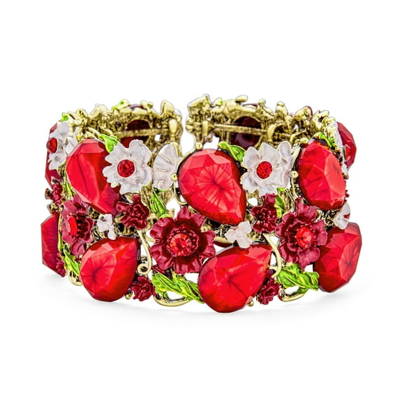 Bling Jewelry Womens Fashion Red Pink Crystal 3D Floral Wide Cuff Statement Bracelet Flexible Hinge Design