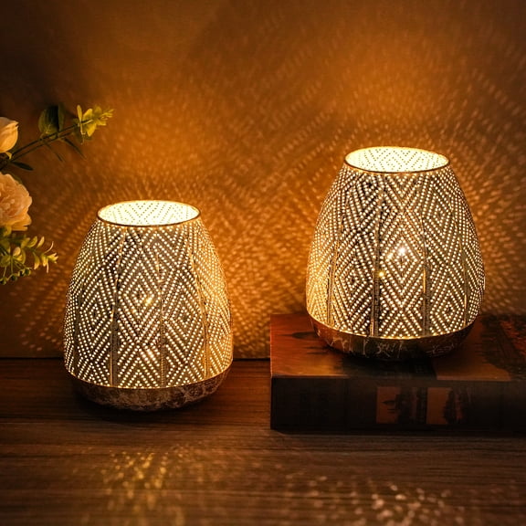 Moroccan Vintage Lamps 7'' High Battery Powered Metal Decorative Table Lamps with Fairy Lights Bulb for Home Living Room Garden Yard Party Events Tabletop Indoor Outdoor(Gold and Silver)