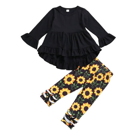 

DuAnyozu Kids Girls Ruffles Pullover Dress Tops Sunflowers Pants Sets 2pcs