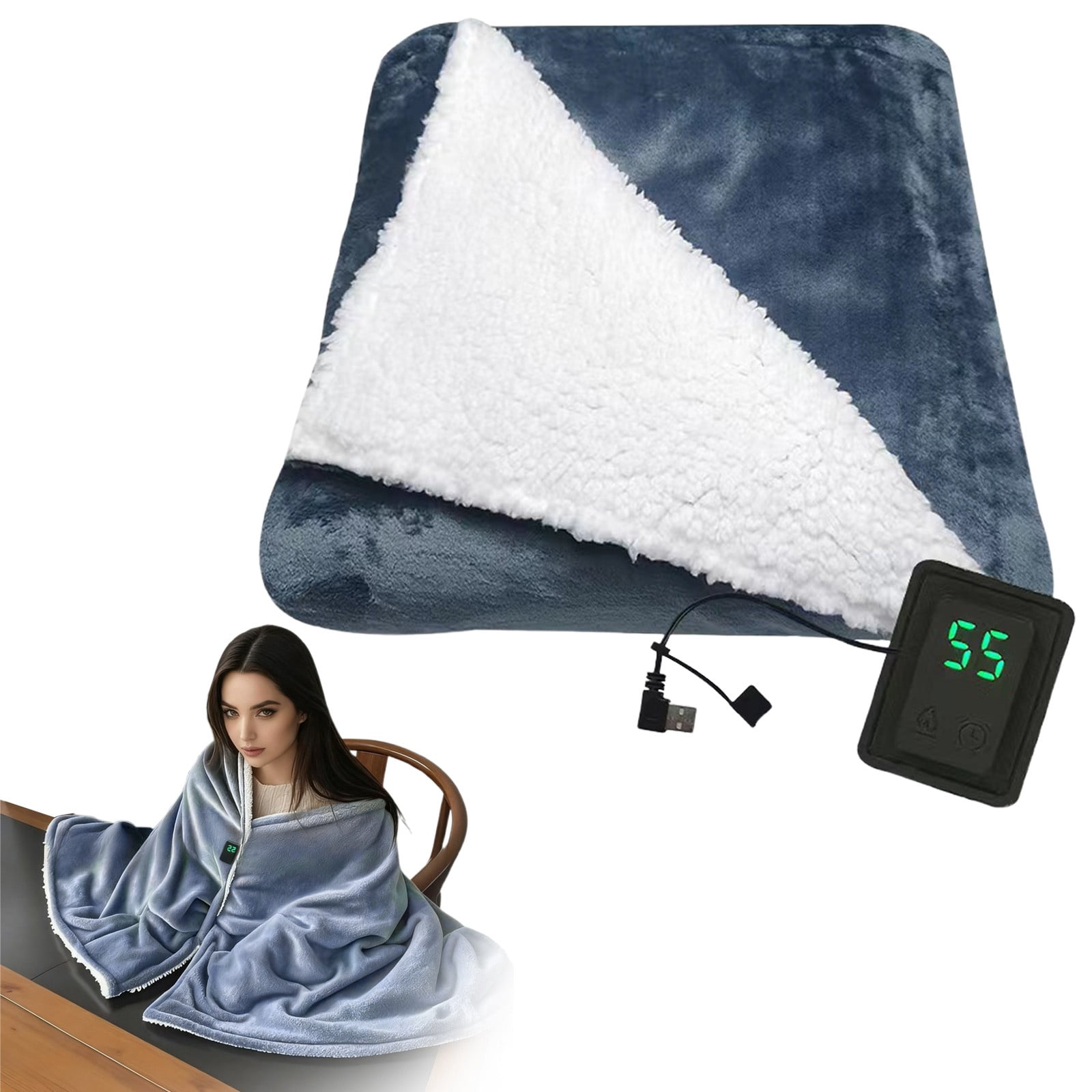 Electric Blanket 70"X59" Soft Double Sided Sherpa Heated Blanket LED Display, 3 Heating Levels USB Machine Washable & Fast Heating Warm Winter Gifts for Women/Men, Heater Lap Blankets