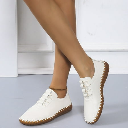

Zpanxa Shoes for Women Solid Color Lace Up Flat Heel Soft Soled Round Toe Casual Shoes Single Shoes Beige Womens Shoes 41