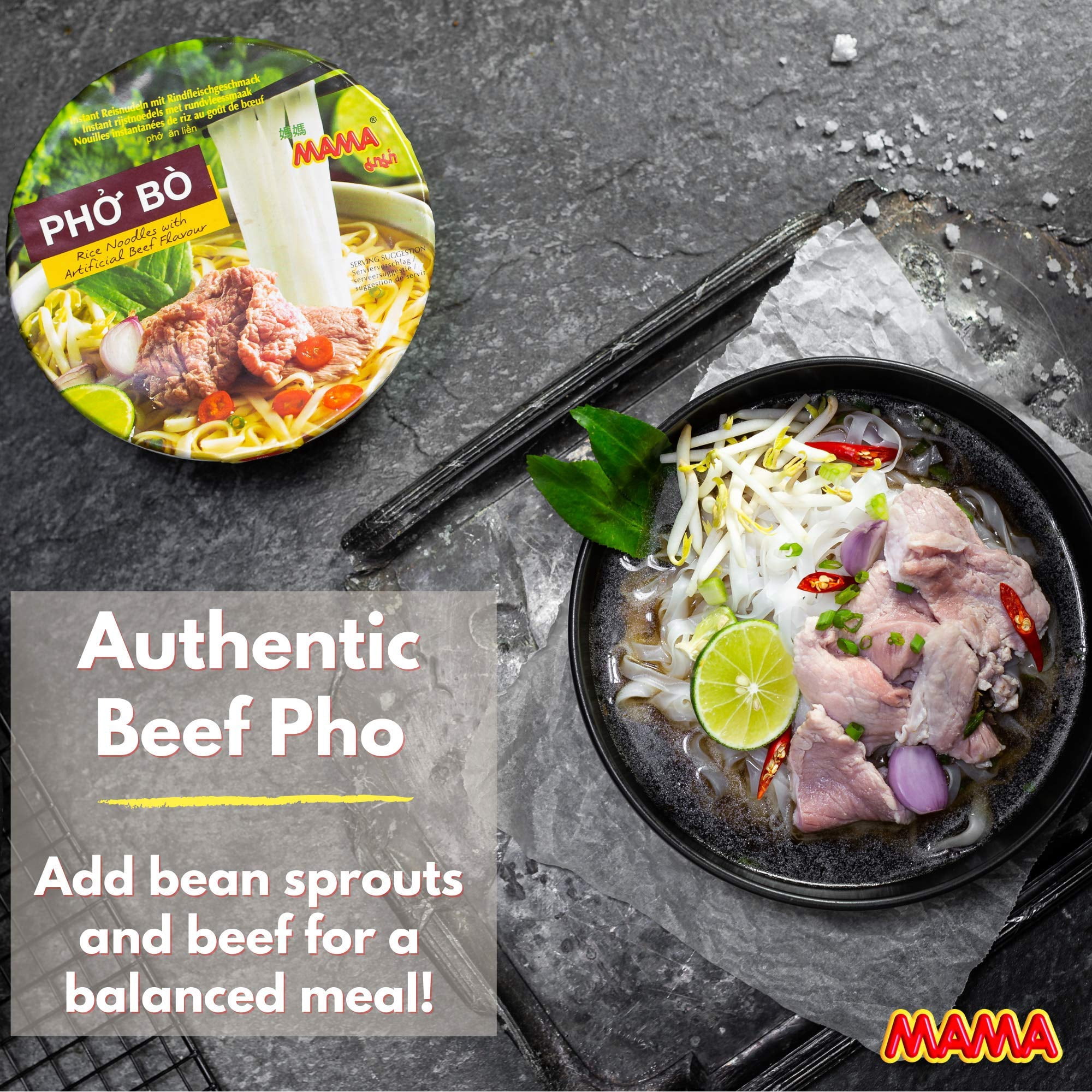 Mama Pho Bo Instant Beef Soup Bowl Noodle In Vietnamese Style, Silky-Smooth, Chewy Rice Noodles With Piping Hot Aromatic Soup Mix (6-Bowl Pack, 2.29 Oz Per Bowl)