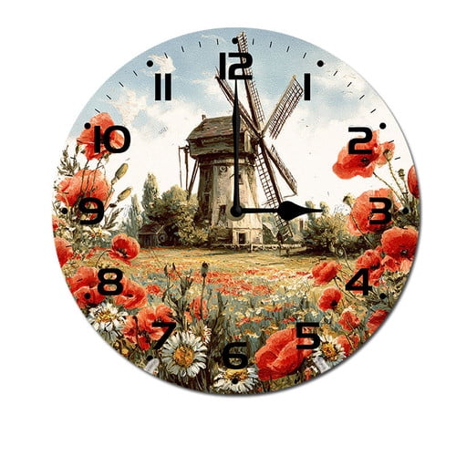 ZXCXRQFa Wildflower Windmill Clock Home Decor Round Wood 10 Inch Wall Clocks Non Ticking Silent Clock Art for Living Room Kitchen Bedroom Decorative