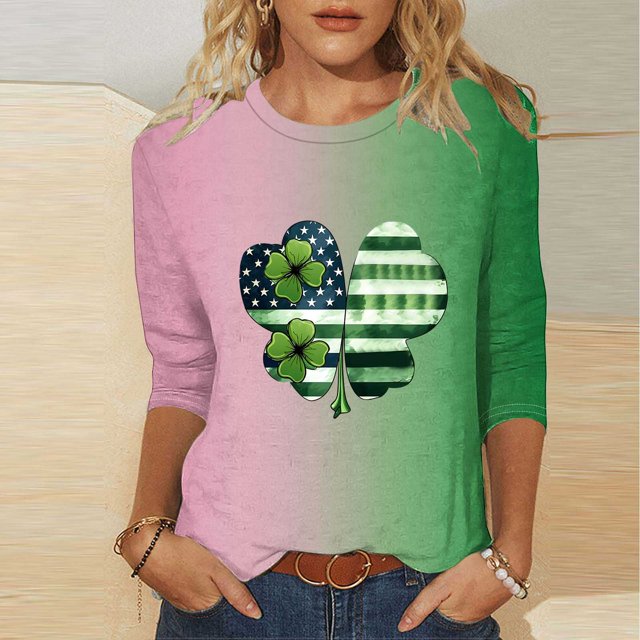 Meichang Hauts d'Été pour Femmes Manches 3/4 T-Shirts de la Saint-Patrick T-Shirts Graphiques Irlandais Chanceux Hauts Irlandais T-Shirts Col Rond Blouses
