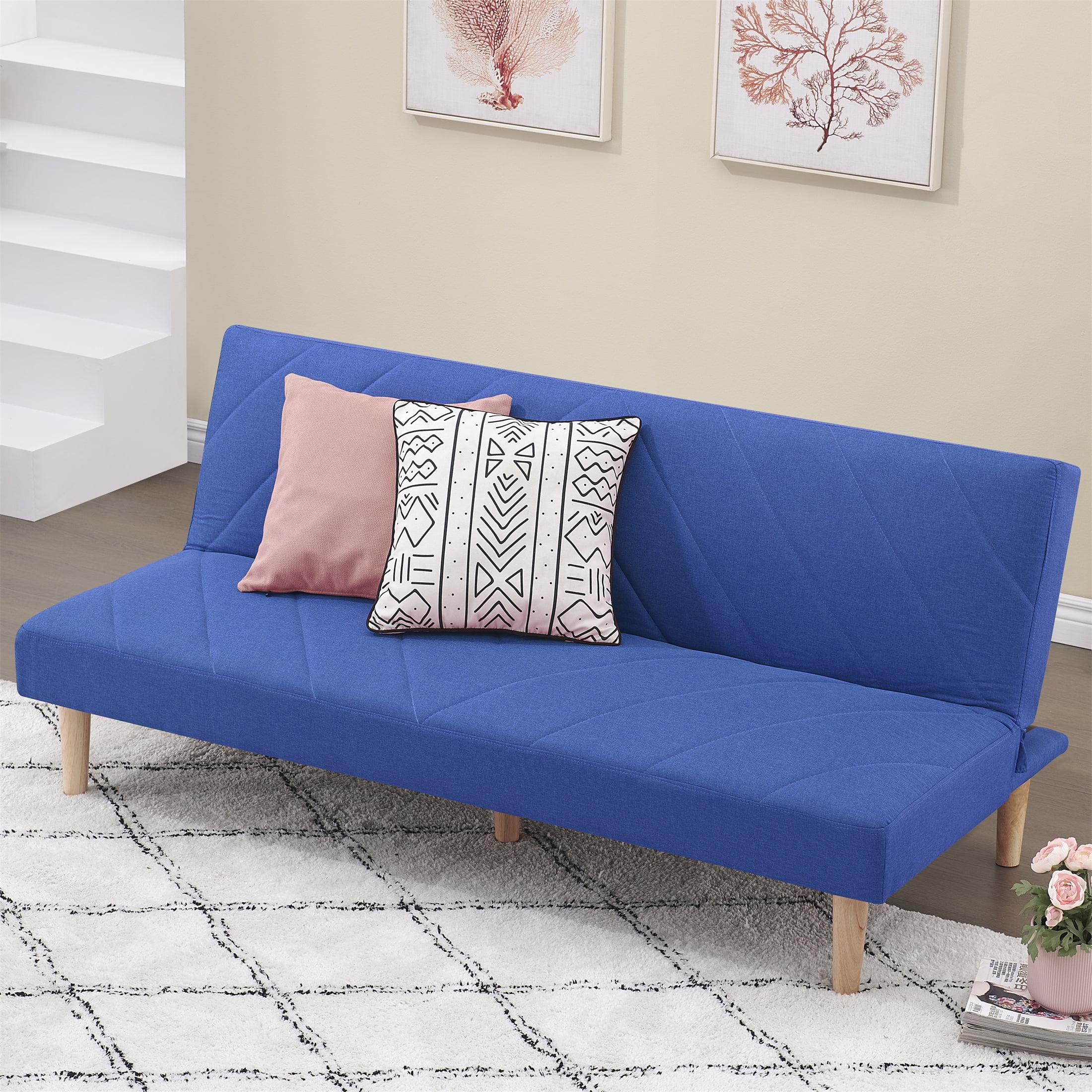 Aukfa Futon Convertible Sofa Bed- Twin Size- 5 Wooden Legs- Space Save- Blue