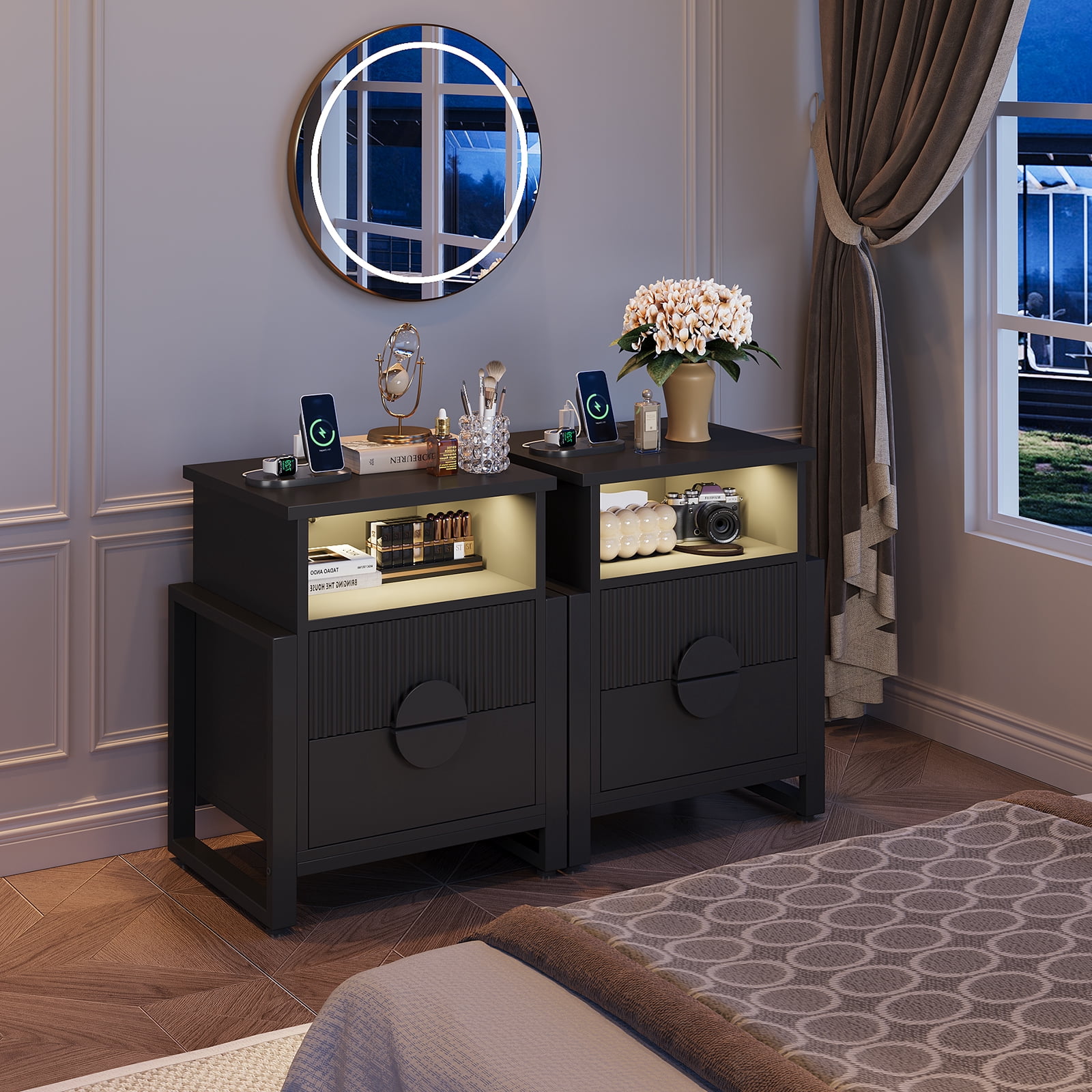 Holliwill Nightstand with Charging Station Set of 2, 2 Drawer Dresser for Bedroom with LED Light, Fluted Bedside Table End Table Side Table for Living Room, Black