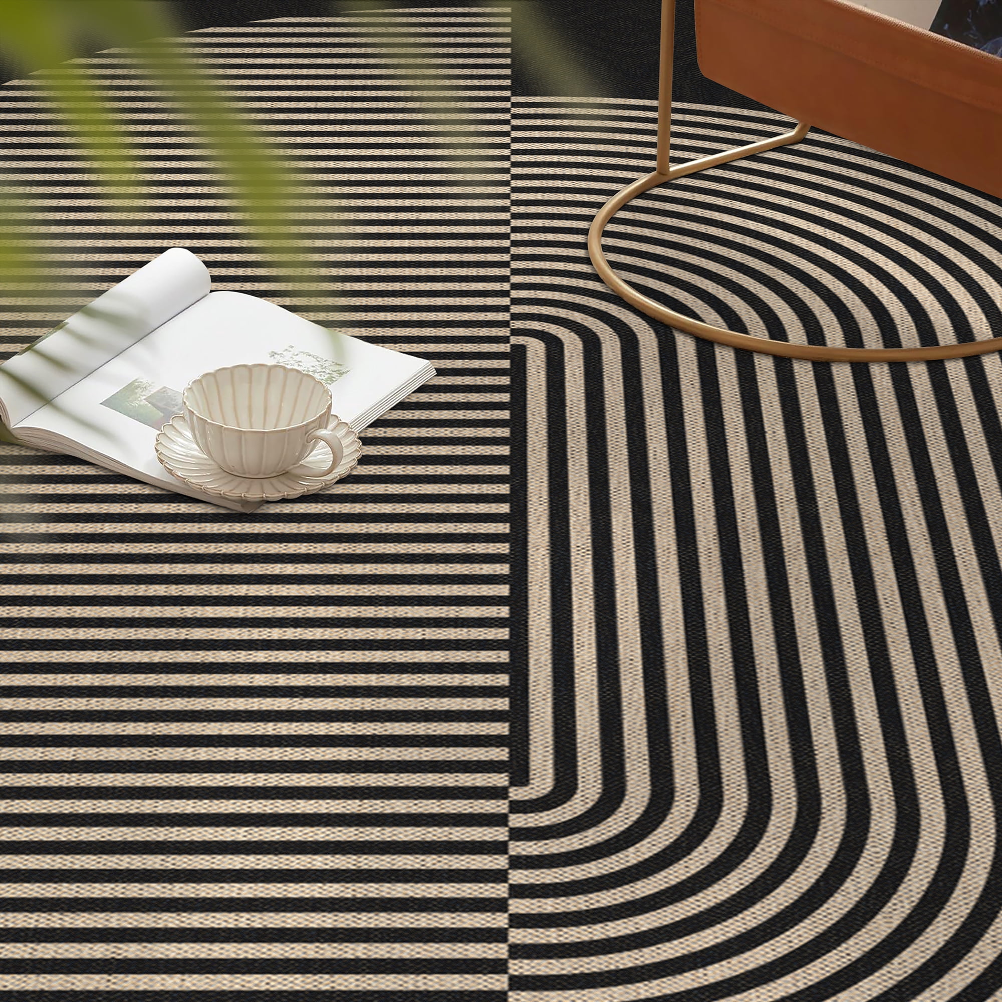 BERTHMEER 8'x10' Large Easy Jute Area Rugs for Living Room, Washable Outdoor Patio Rugs Indoor Outdoor Carpet for Farmhouse Neutral Geometric Non Slip Black Rugs for Bedroom Dining Room