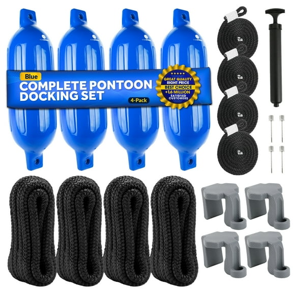 Five Oceans Boat Fenders Complete Set - Includes 4-Pack 4.5 x 16-Inch, Blue - Boat Bumpers Clips, Dock Lines 3/8" x 15' - 4 Ropes Lines 3/8-Inch x 5-Ft - Inflator Pump and 4 Needles - FO4539-C1