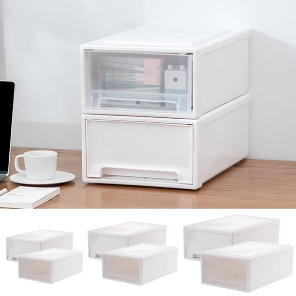 Plastic Desktop Storage Drawer Organizer | 1-Piece Retractable Non-Slip Handle | Stackable Clear/White | Lingerie Stationery Cosmetic Home Office | 27x18x10cm | 350g Durable Box