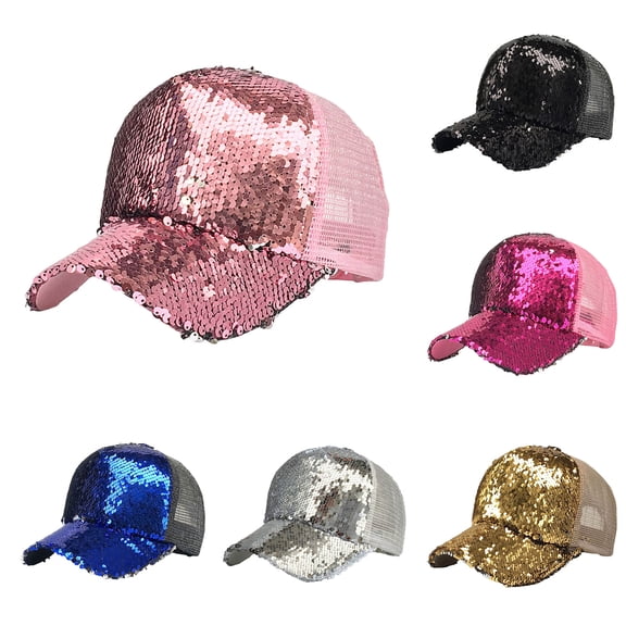 Lispipm Glitter Sequin Baseball Cap Adjustable Party Hats Summer Outdoor Trucker Hat Ladies Trendy Ponytail Opening Caps Black
