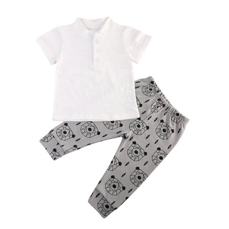 

Gwiyeopda Toddler Boy Suit Baby Cartoon Printing Short Sleeve Stand Collar T-shirt + High Waist Long Pants Two-pieces Set