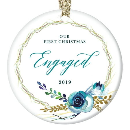 Shabby Chic Engagement Christmas Ornament 2019 Our First Christmas Engaged Couple Man & Woman Boho Floral Wreath Country Decorations Ceramic Present 3