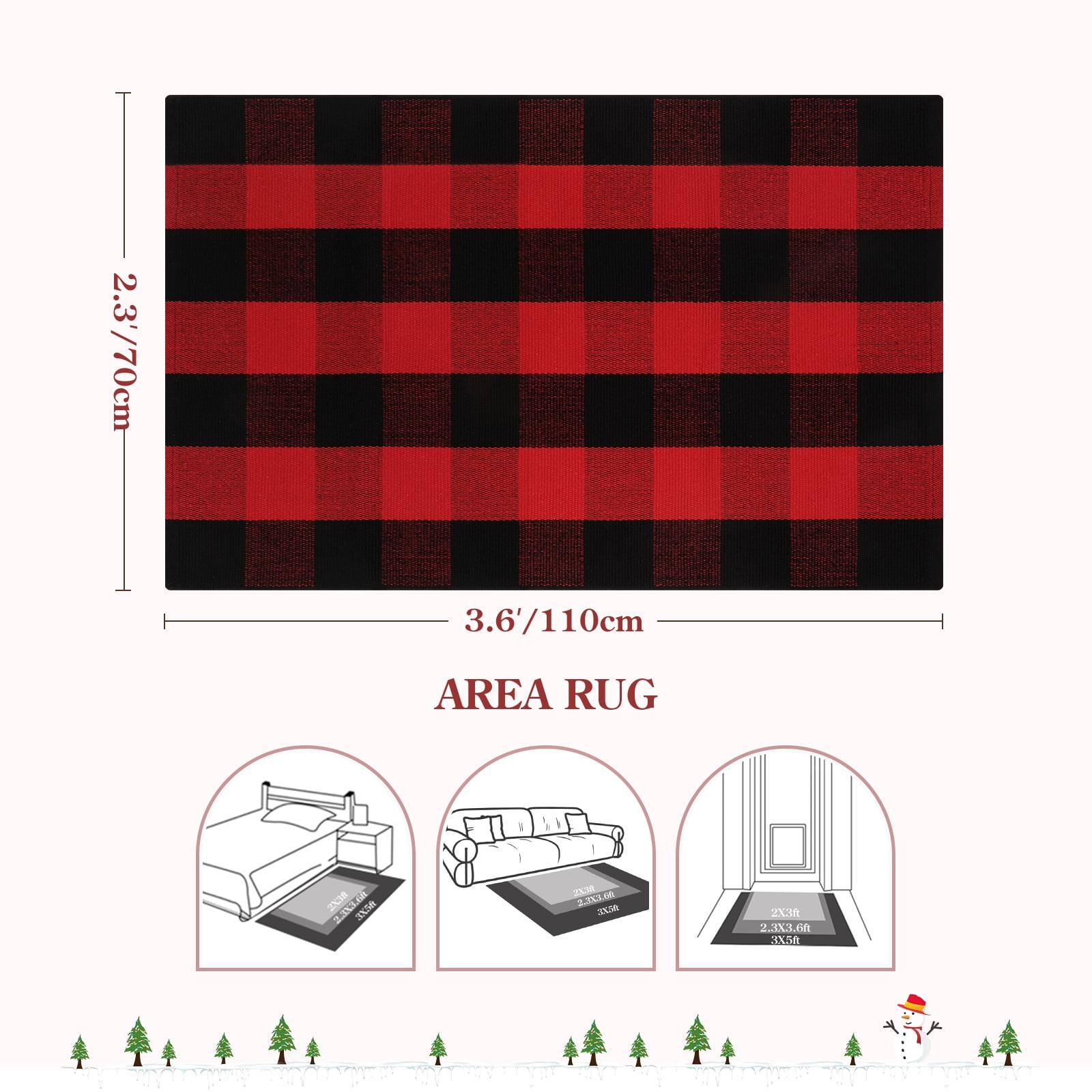 RUG ROBOT Christmas Buffalo Plaid Area Rug 27.5"x43", Washable Door Mat Indoor Outdoor Entrance, Reversible Front Porch Rug, Farmhouse Checkered Layering Rug for Kitchen Home Decor, Red and Black