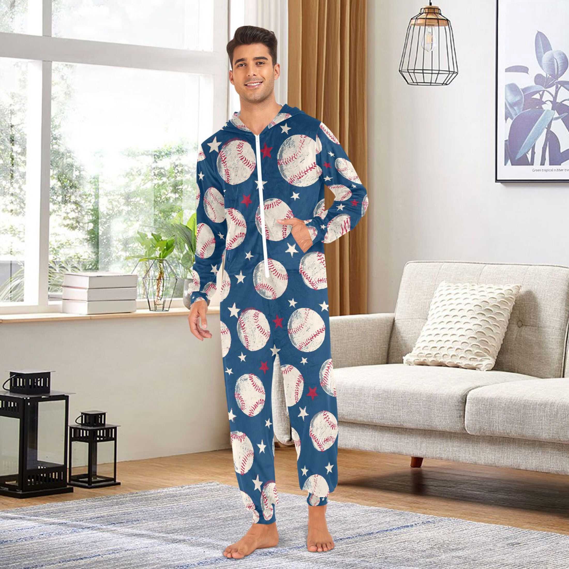 Adult Christmas Onesie Baseball Adult Zipper One-Piece Pajamas Unisex Pajamas with Pockets
