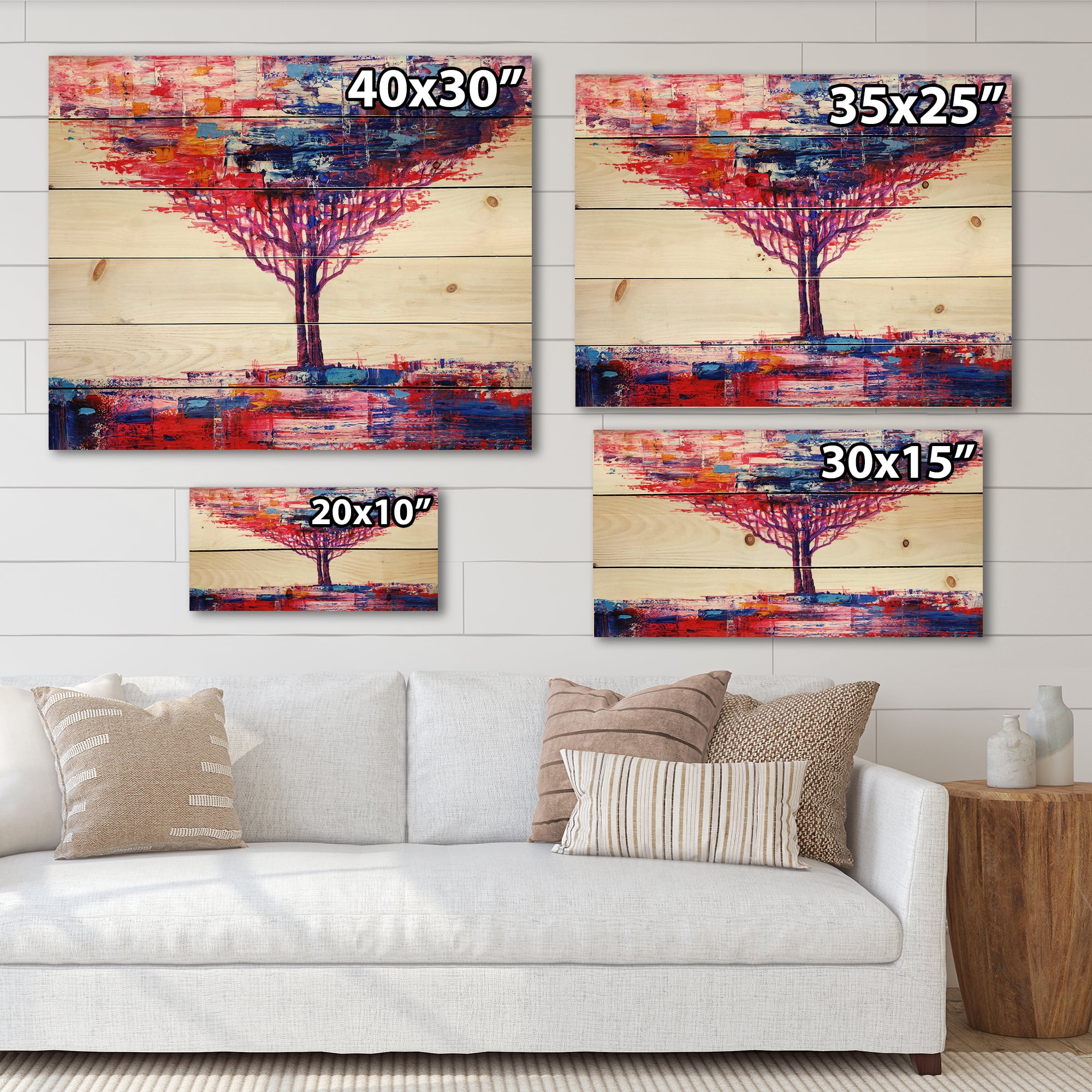 Designart 'Abstract Colorful Tree Impressionist On A White' Modern Print on Natural Pine Wood
