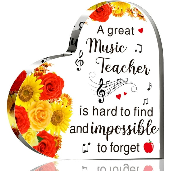 Acrylic Music Teacher Appreciation Gifts Acrylic Table Keepsake Paperweight Heart Shaped Women Thank You Music Teacher Gifts with Hard Find Sayings Message for Graduation(6 x 6 x 0.6 Inch)