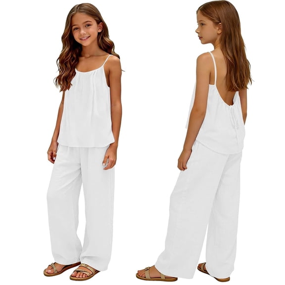 Cotton Linen Set for Girls 2 Piece Outfits Backless Spaghetti Strap Tank Tops Matching Wide Leg Pants Kids Summer Lounge Sets Kids Two Piece Outfits Girls