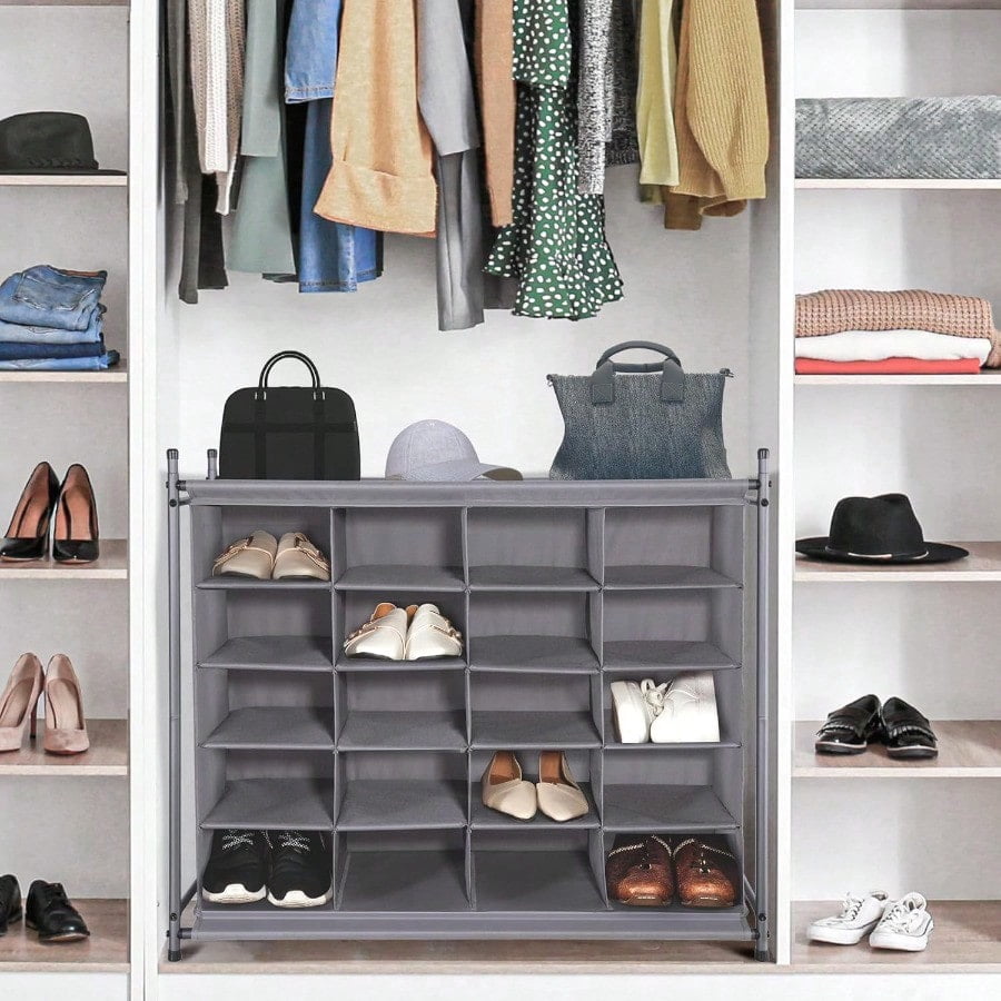 Stackable Shoe Cubby Organizer Free Standing Shoe Cube Rack for Entryway Bedroom Apartment Closet 20-Cube Gray