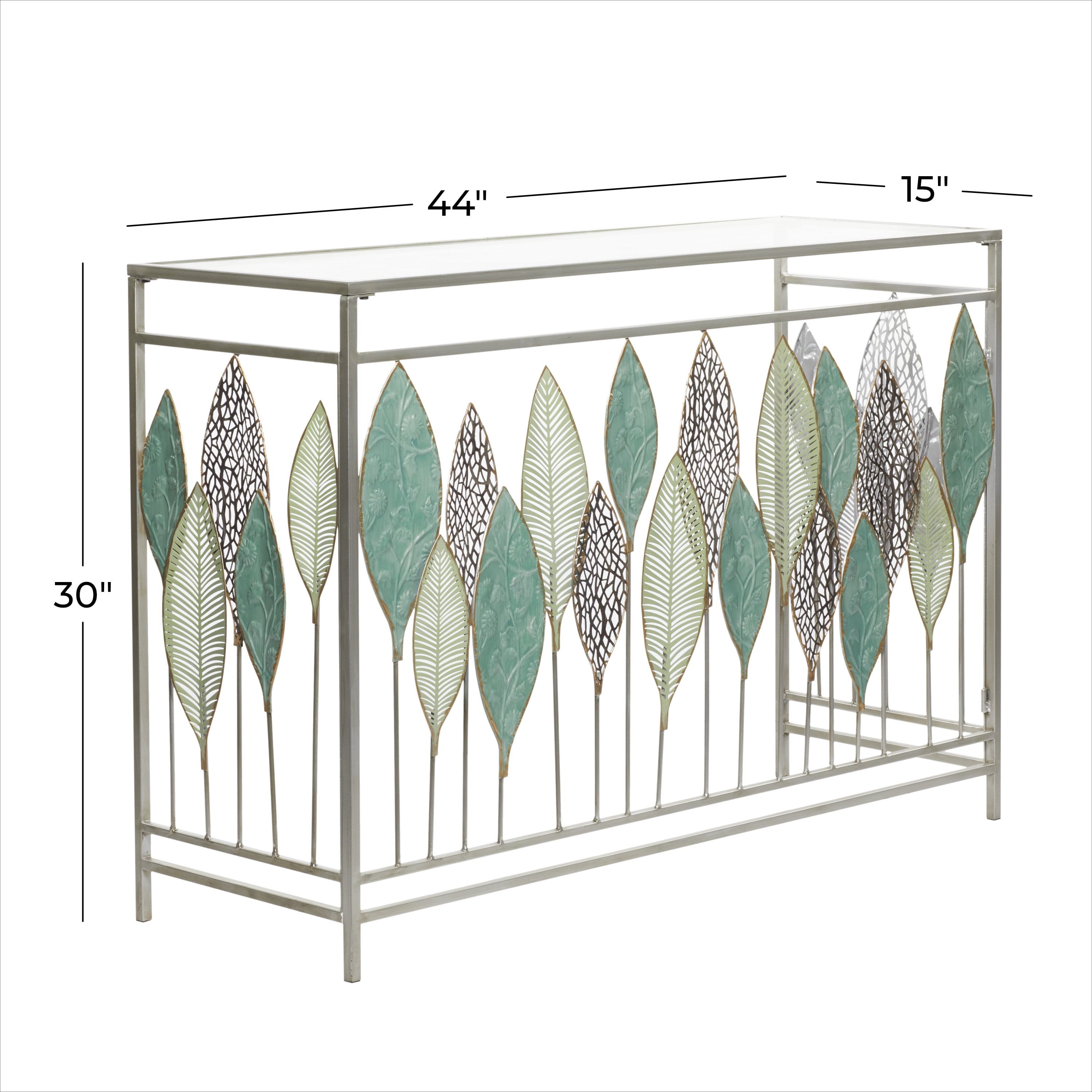 DecMode Silver Contemporary Rectangular Metal Console Table with Green Leaves Sculpture, 44"W x 30"H