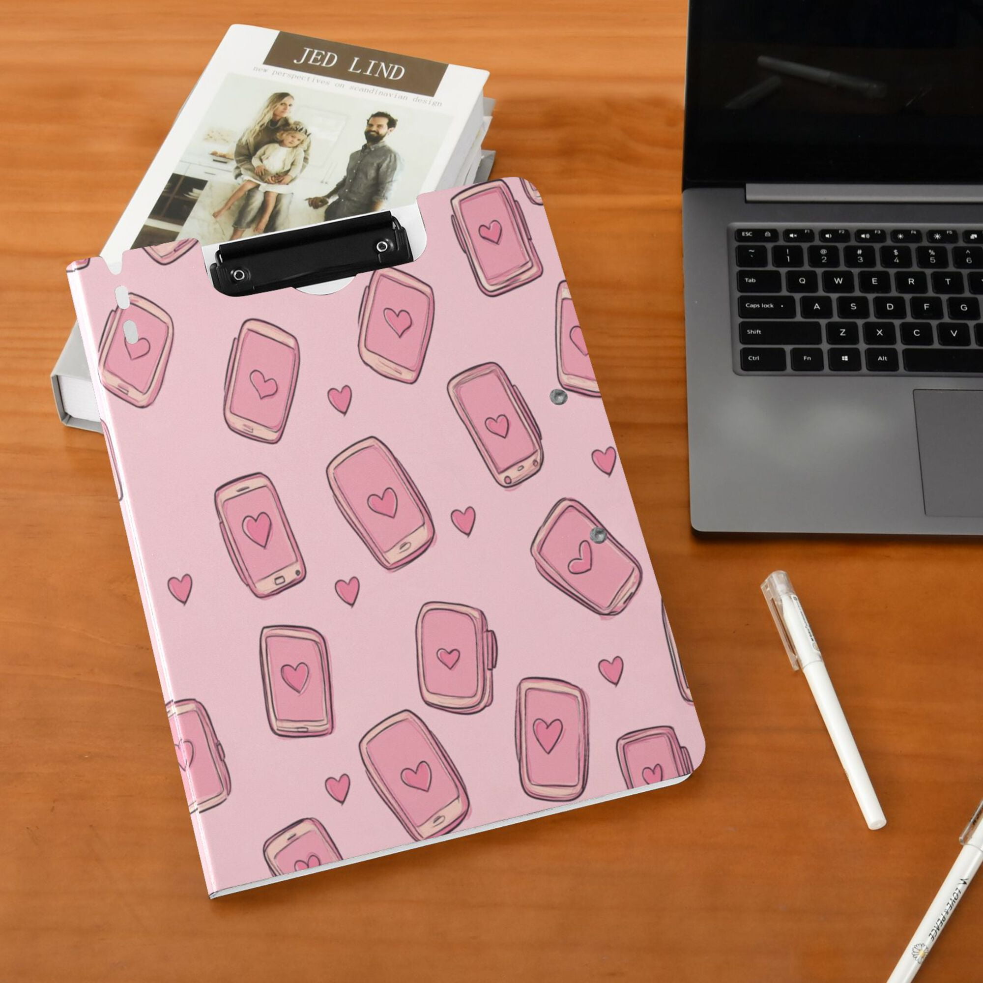 FORMRS A4 Clipboard Folder with Pen Holder Horizontal Foldable School Office Binder, Phones and Hearts