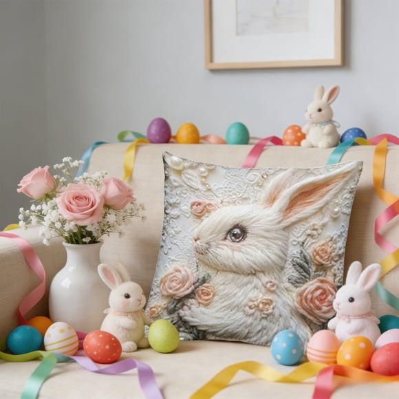 Casa de campo Decoración de Pascua,Pillow Cover Three-Dimensional Printing Faux Embroidery Cute Rabbits Cushion Cover Digital Printing Decoración del hogar