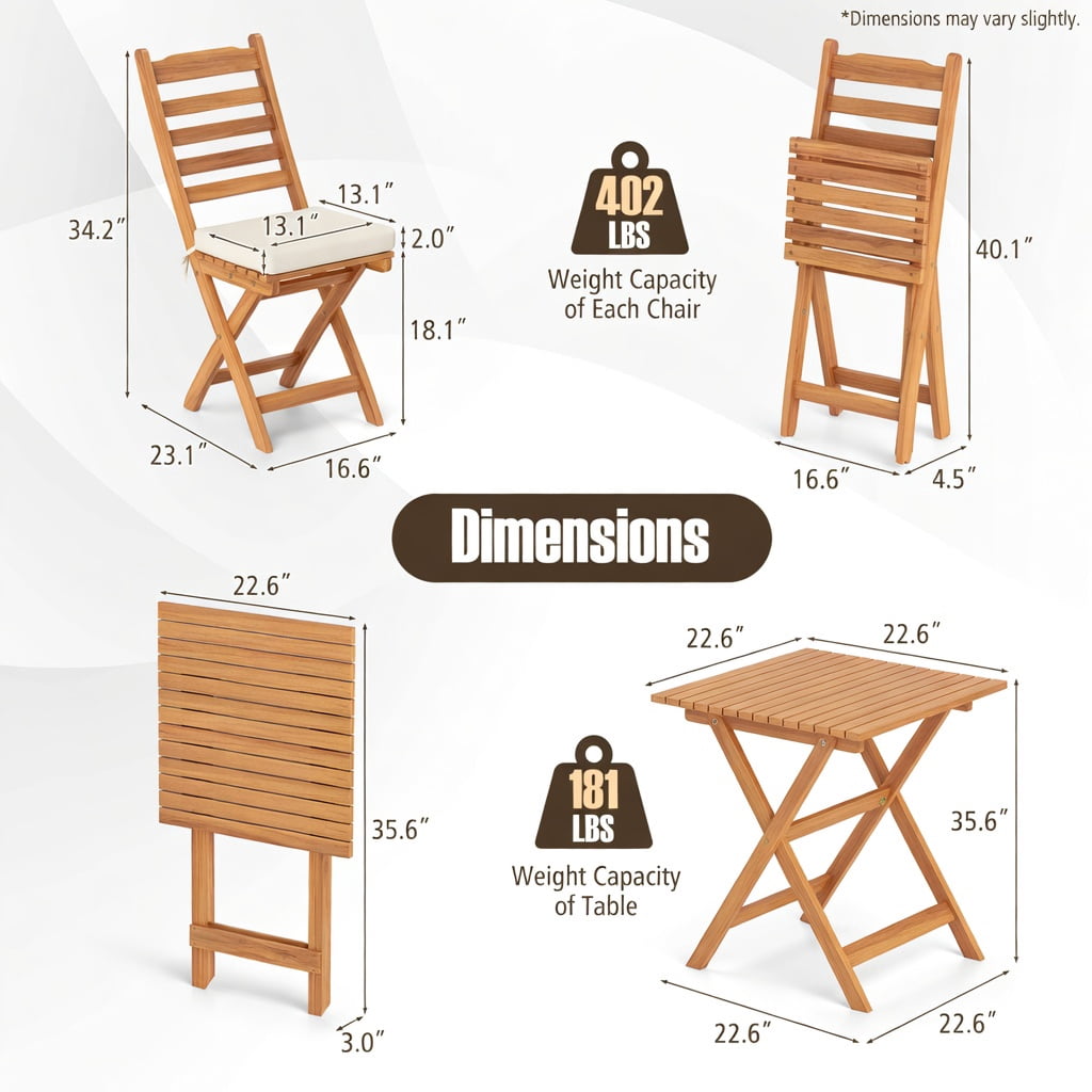 Hommoo Acacia Wood Folding Chair and Table Set with Cushions, 2 Chairs + 1 Table, Outdoor Patio Furniture for Backyard, Balcony & Poolside, White