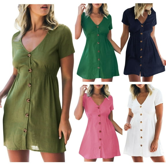 ZZwxWA Sexy Dress for Women Party Womens Holiday V Neck Short Sleeve Flowy Ruffle Mini Dress for Women Summer Solid Color Buttons Down Casual Dress