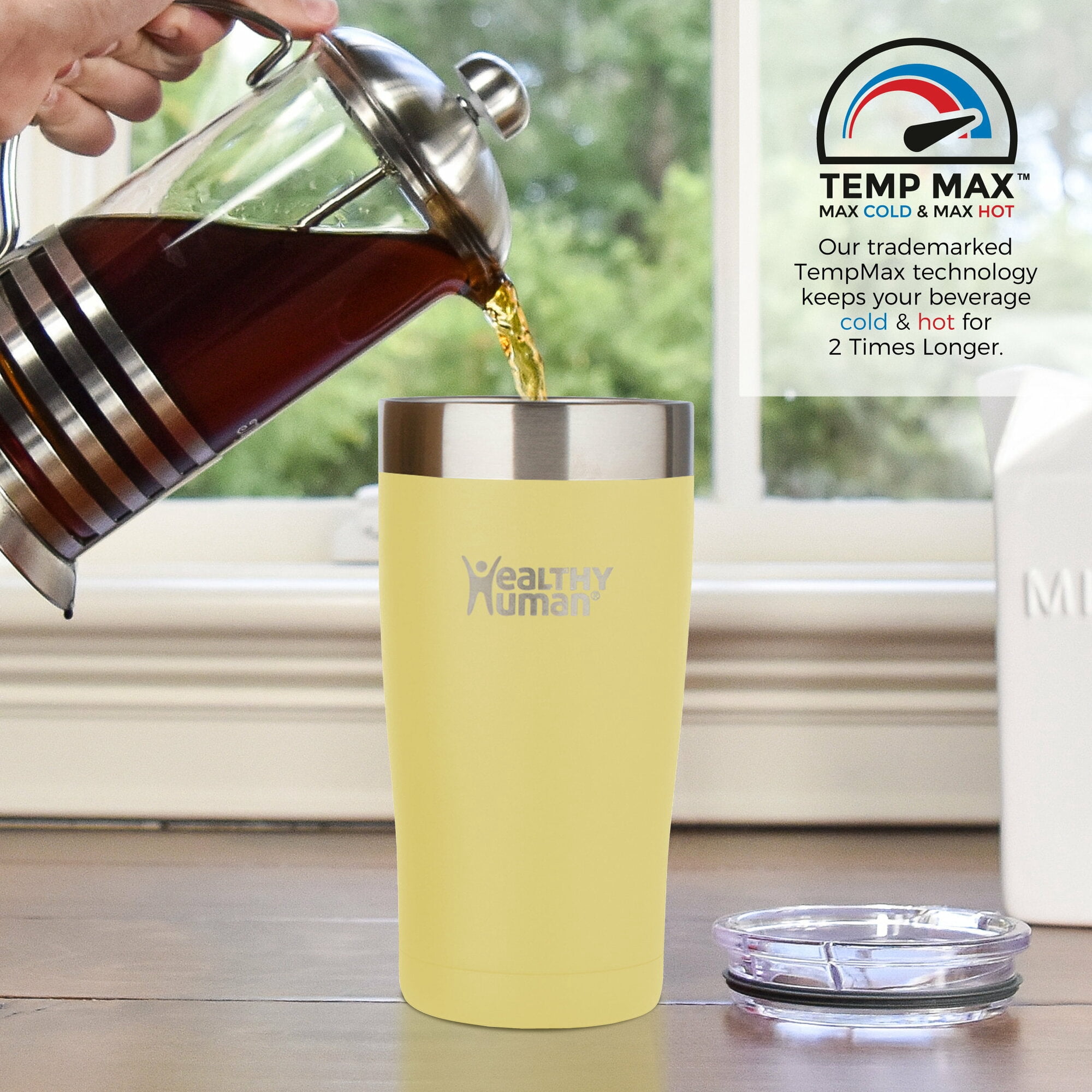 Healthy Human Stainless Steel Tumbler with Straw & Lid | Splash Proof Insulated Travel Cup | Eco-Friendly Coffee Tumblers | Water Cups with Straws Cleaner and Splash Proof Lids (20oz, Limoncello)