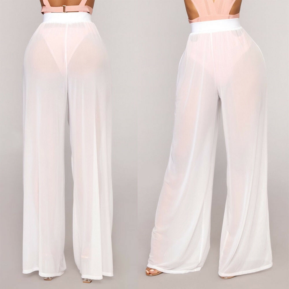 FOCUSNORM Womens See Through Beach Sheer Mesh Pants Loose Wide Leg Trousers Bikini Bottom
