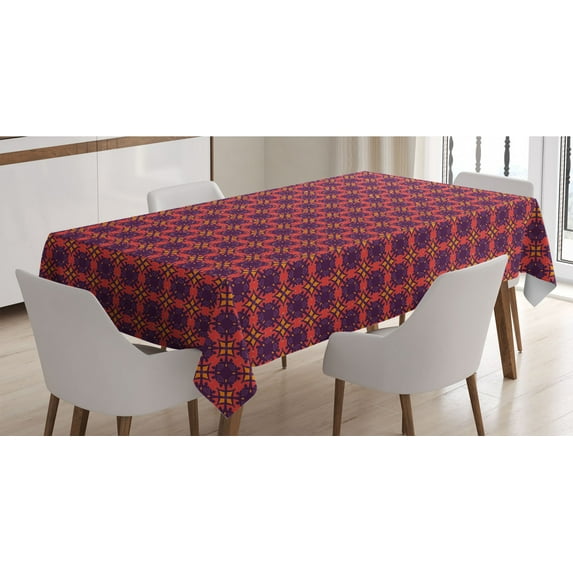 Abstract Tablecloth, Autumn Tones Style Continuous Abstract Vintage Inspired Illustration, Rectangle Satin Table Cover Accent for Dining Room and Kitchen, 60" X 84", Plum and Dark Coral, by Ambesonne