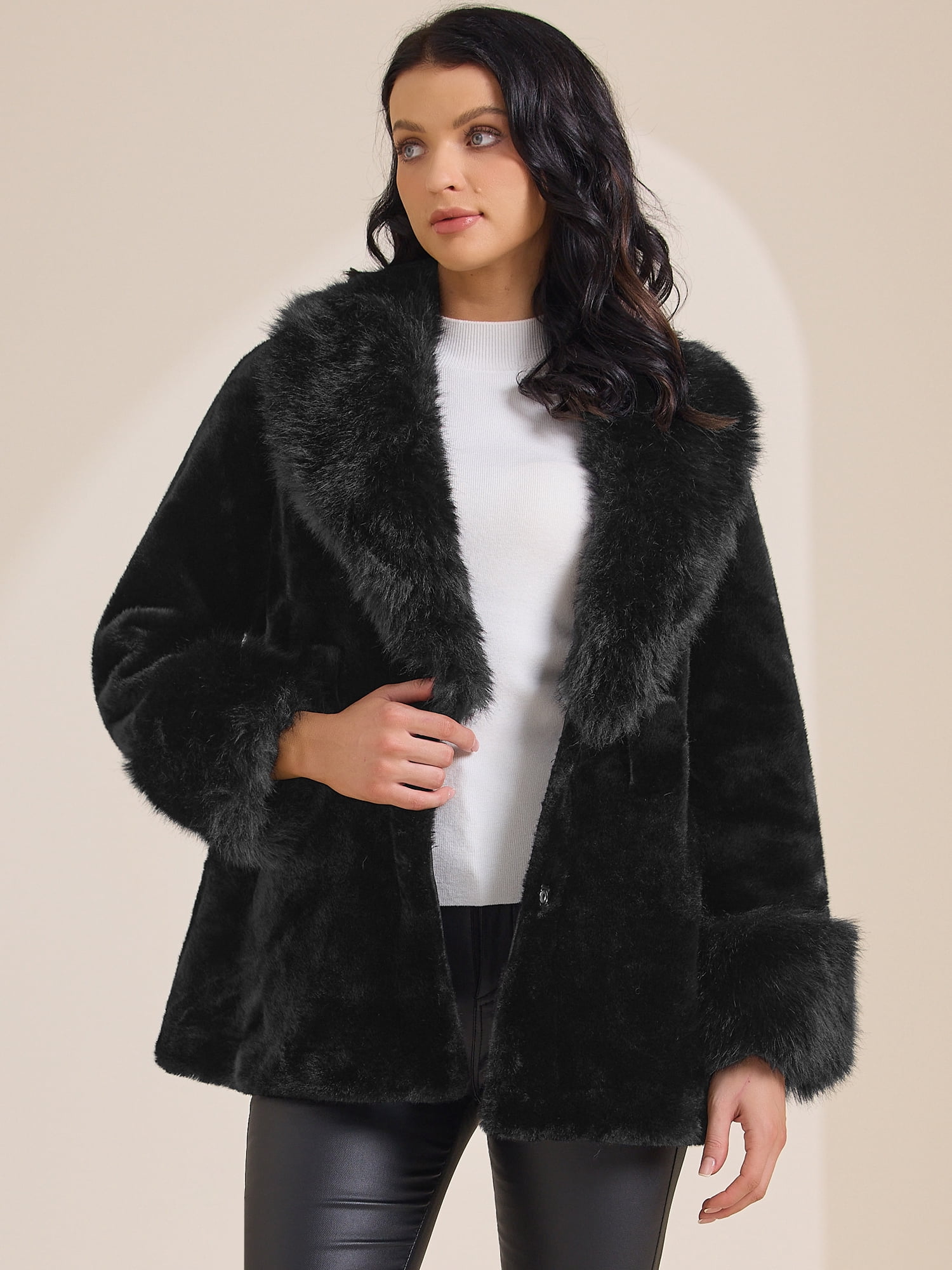 DARING DIVA Women's Faux Fur Long Sleeve Lapel Shaggy Jacket With Pockets L Black