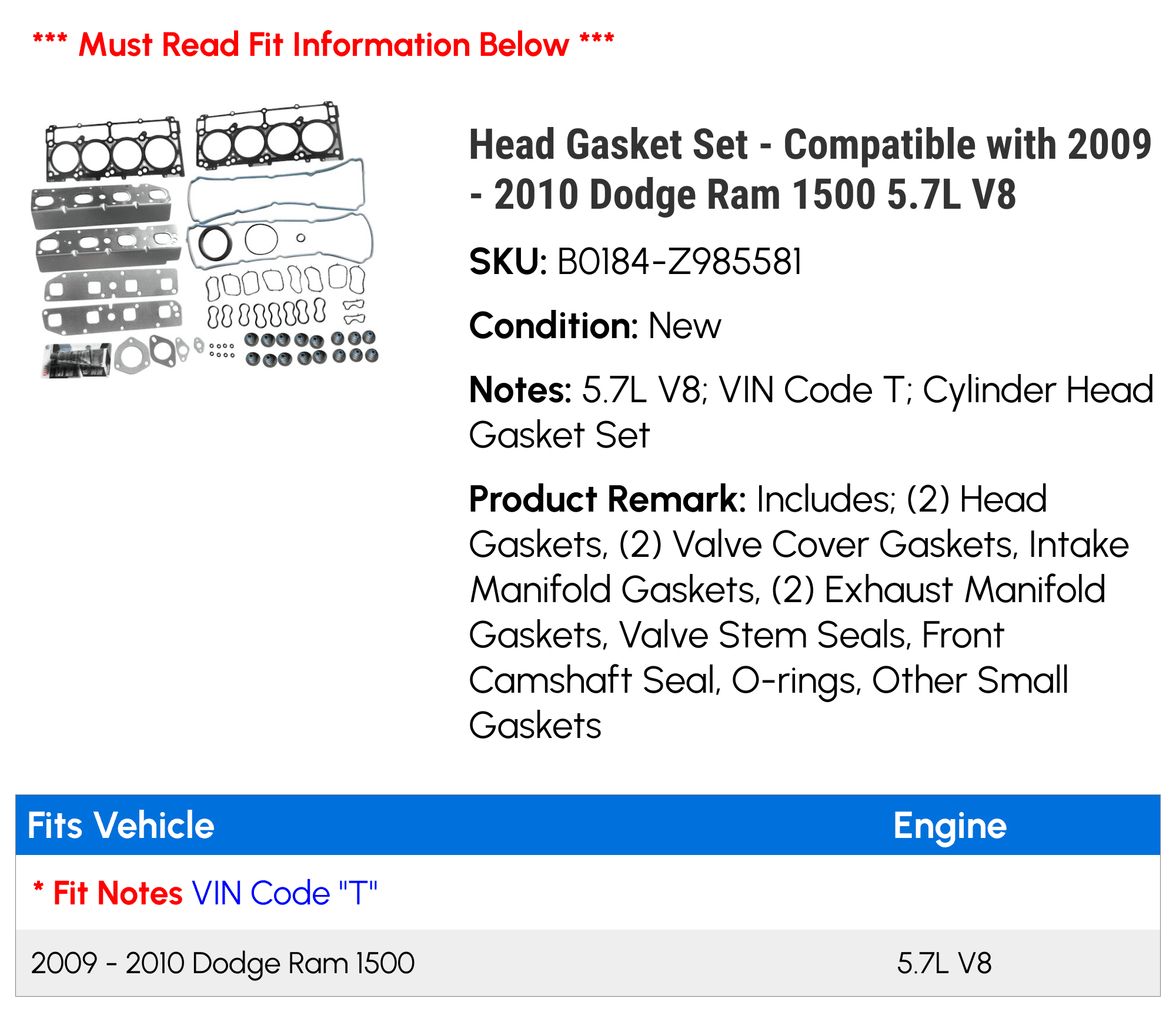 Head Gasket Set - Compatible with 2009 - 2010 Dodge Ram 1500 5.7L V8