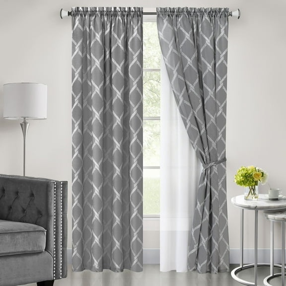 Achim Bombay Indoor Polyester Light Filtering Geometric Curtain Panel, Grey, 52-in W x 63-in L