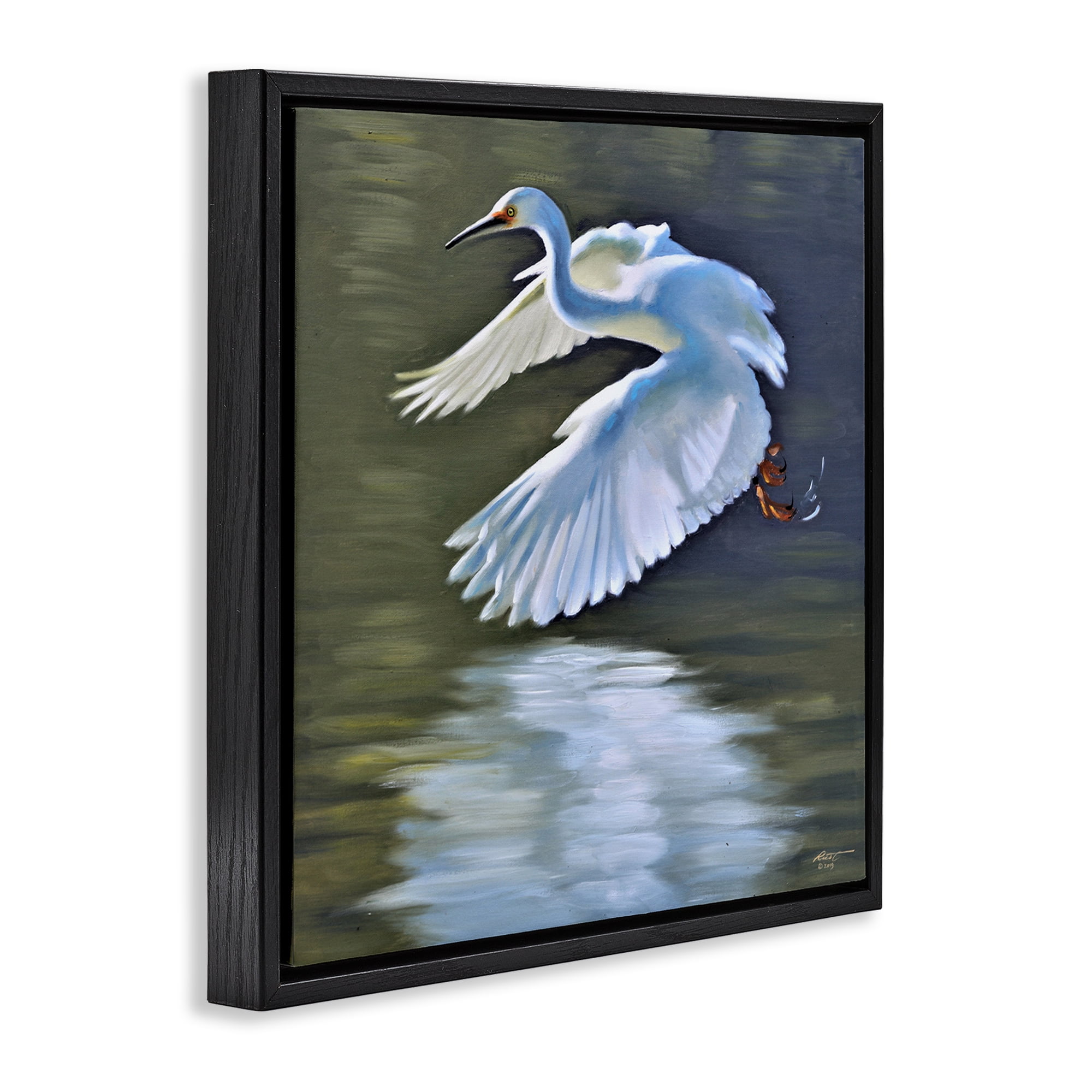 Stupell Industries Egret Flying Lake Surface Animals & Insects Painting Black Floater Framed Canvas Art Print Wall Art, 18 x 18