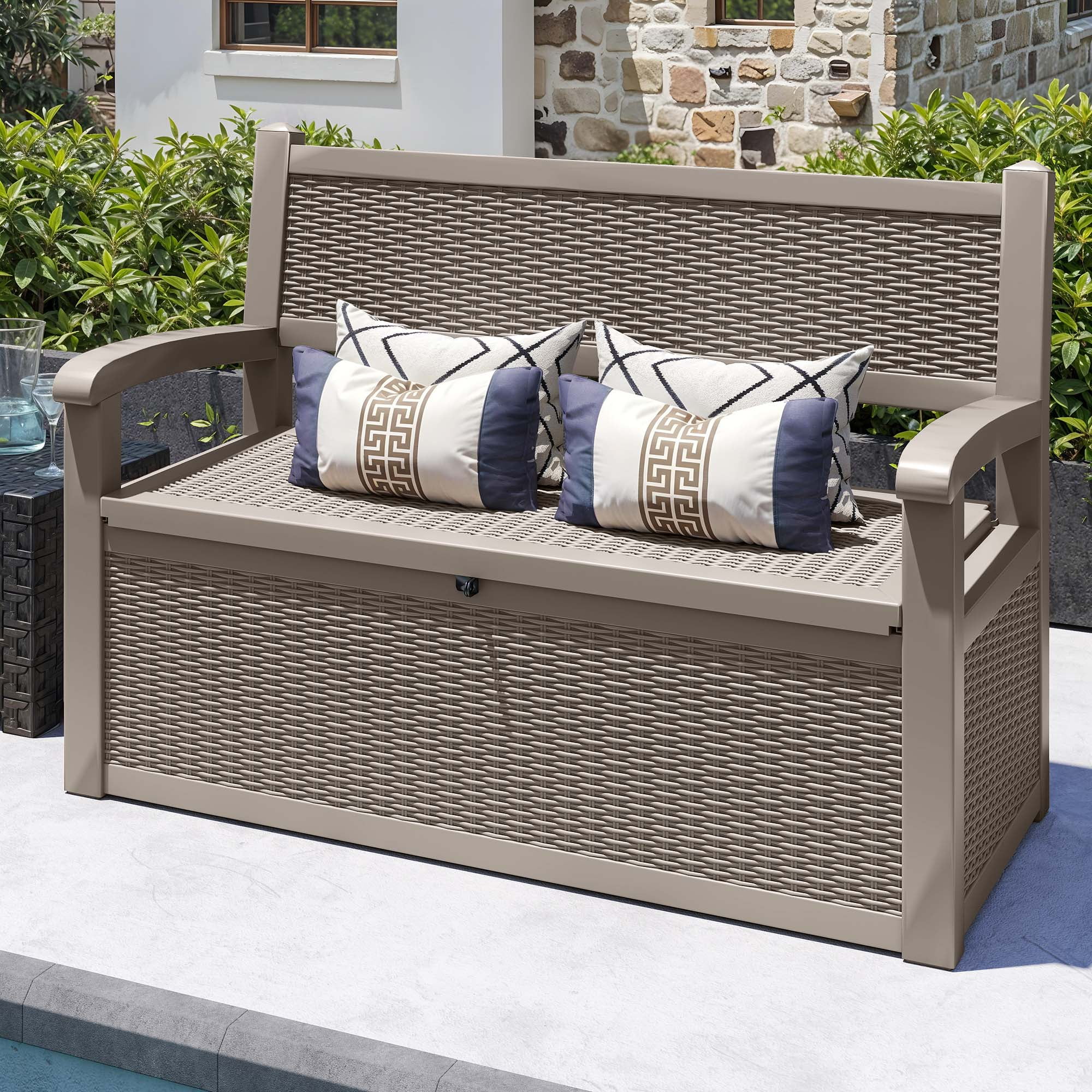 Uforic Uforic 70 Gallon Outdoor Resin Deck Bench,Waterproof & Lockable Storage Box  Bench with Armrests for Garden Patio, Light Brown