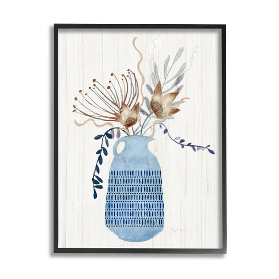 Stupell Industries Pleasant Blue Vase Boho Flowers Botanicals Arrangement Graphic Art Black Framed Art Print Wall Art, Design by Tava Studios